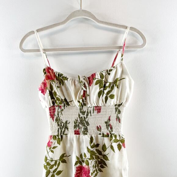 Reformation Rosemary Floral Print Linen Smocked Waist Mini Dress White 4 - Picture 8 of 10